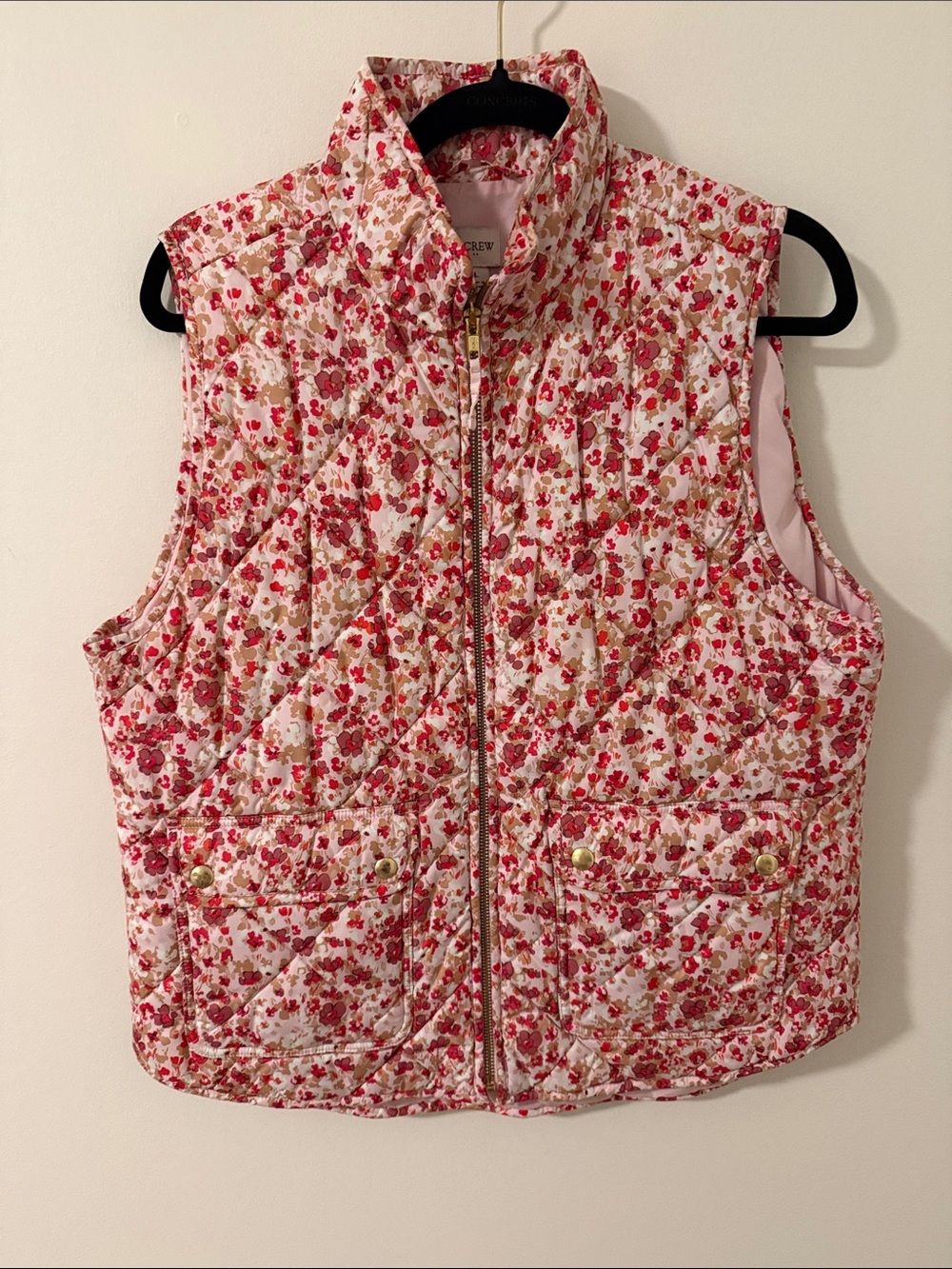 J. Crew Pink and Red Floral Quilted Puffer Vest